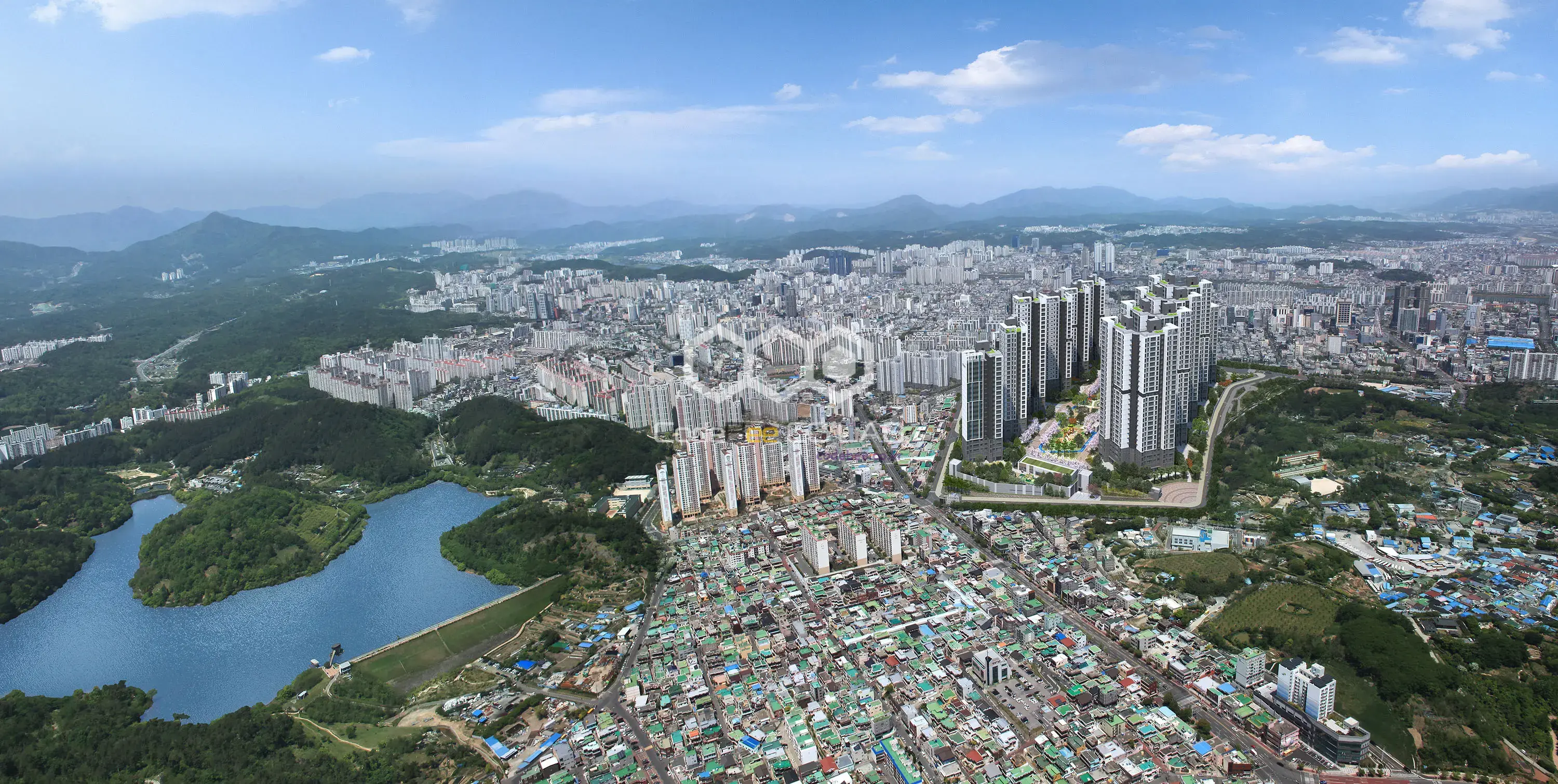 주변 도시환경과 함께 표현한 공동주택 광역 조감도