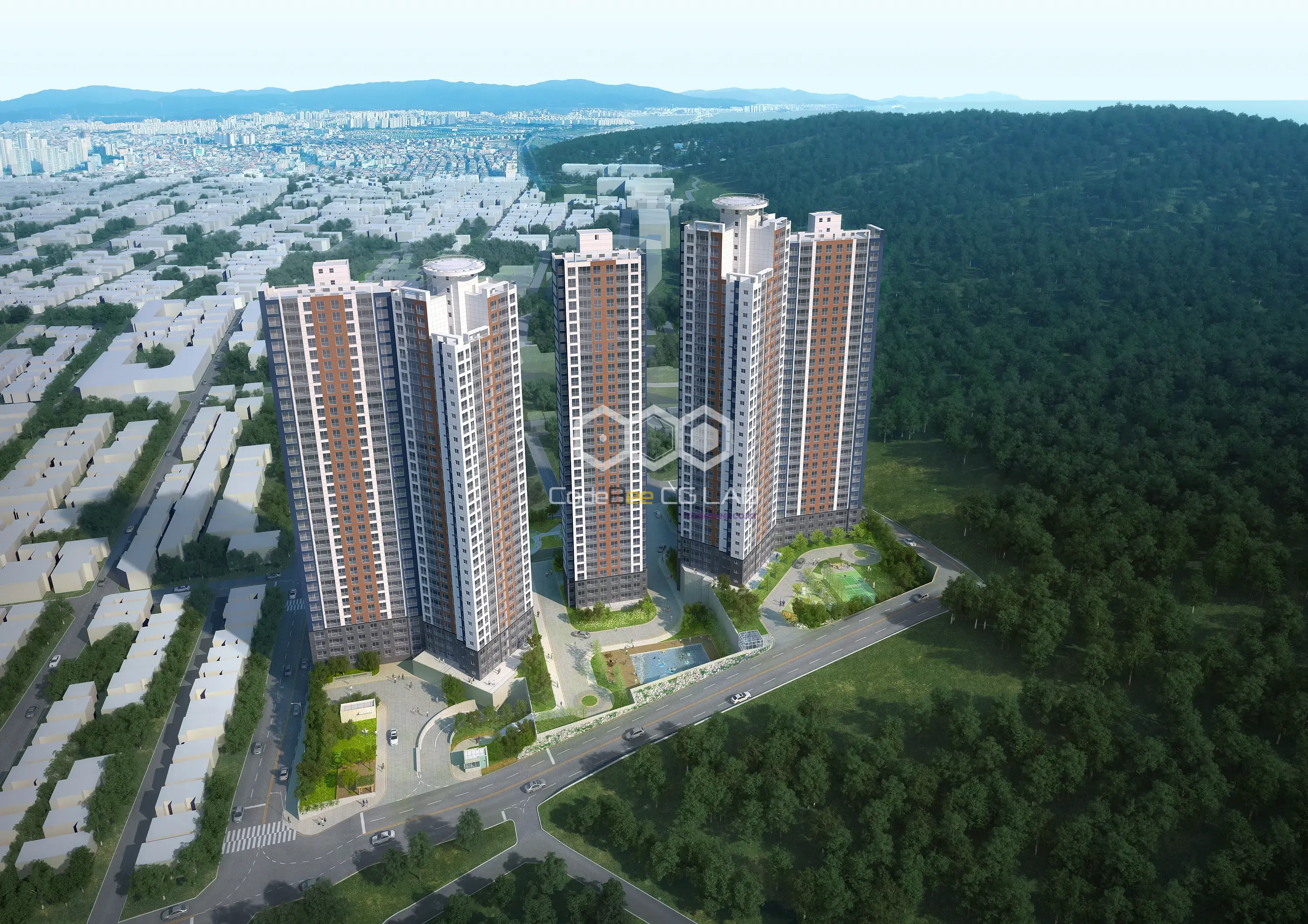 용호5구역 공동주택 전체 단지와 주변 도심 및 산지 경관을 상공에서 표현한 아파트 3D 조감도