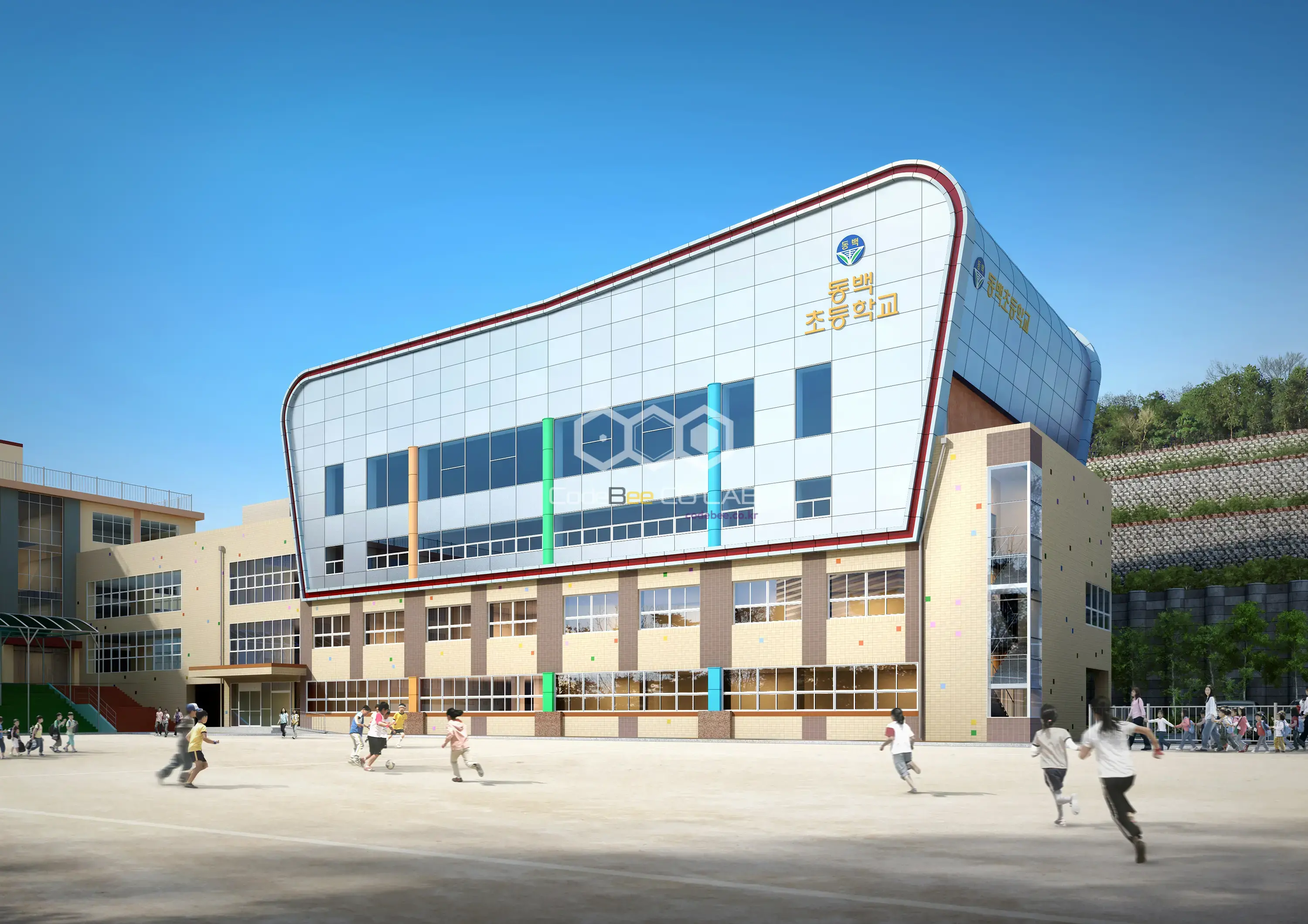 초등학교 운동장과 체육관 건축물을 표현한 교육시설 투시도