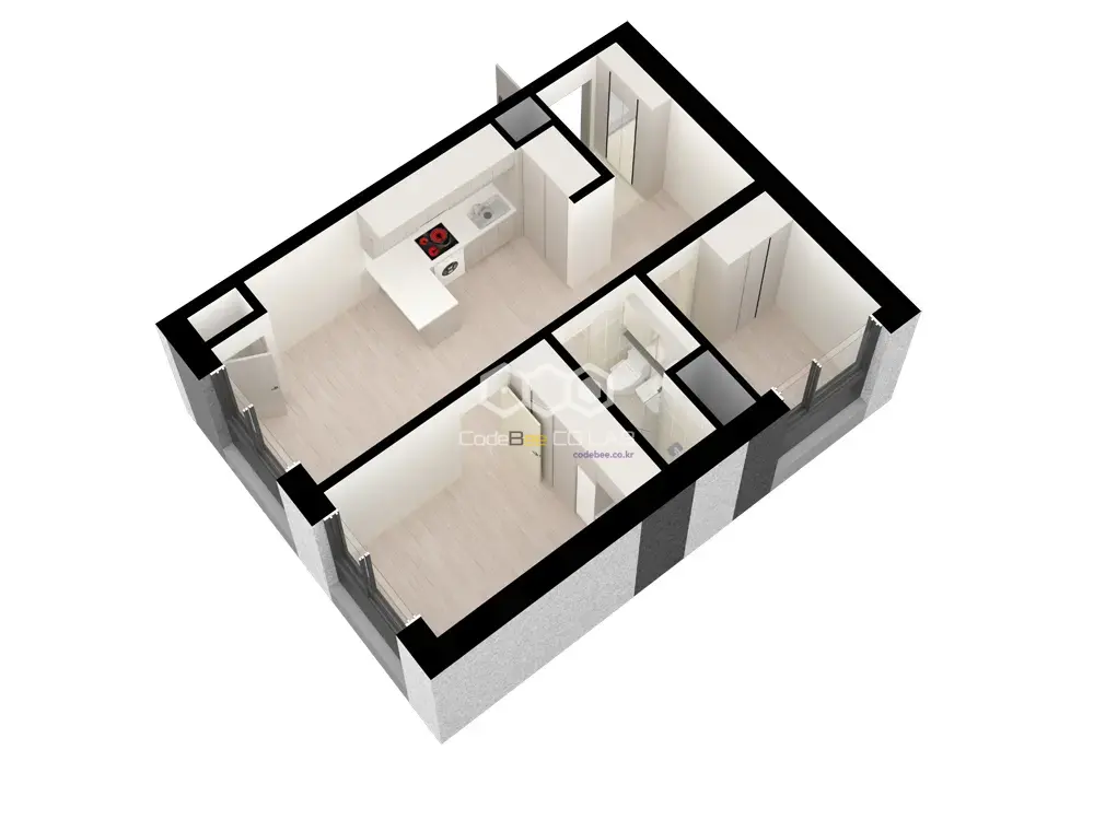 침실과 주방, 욕실이 배치된 파주 내포리 엘린하우스 세대 3D 평면도