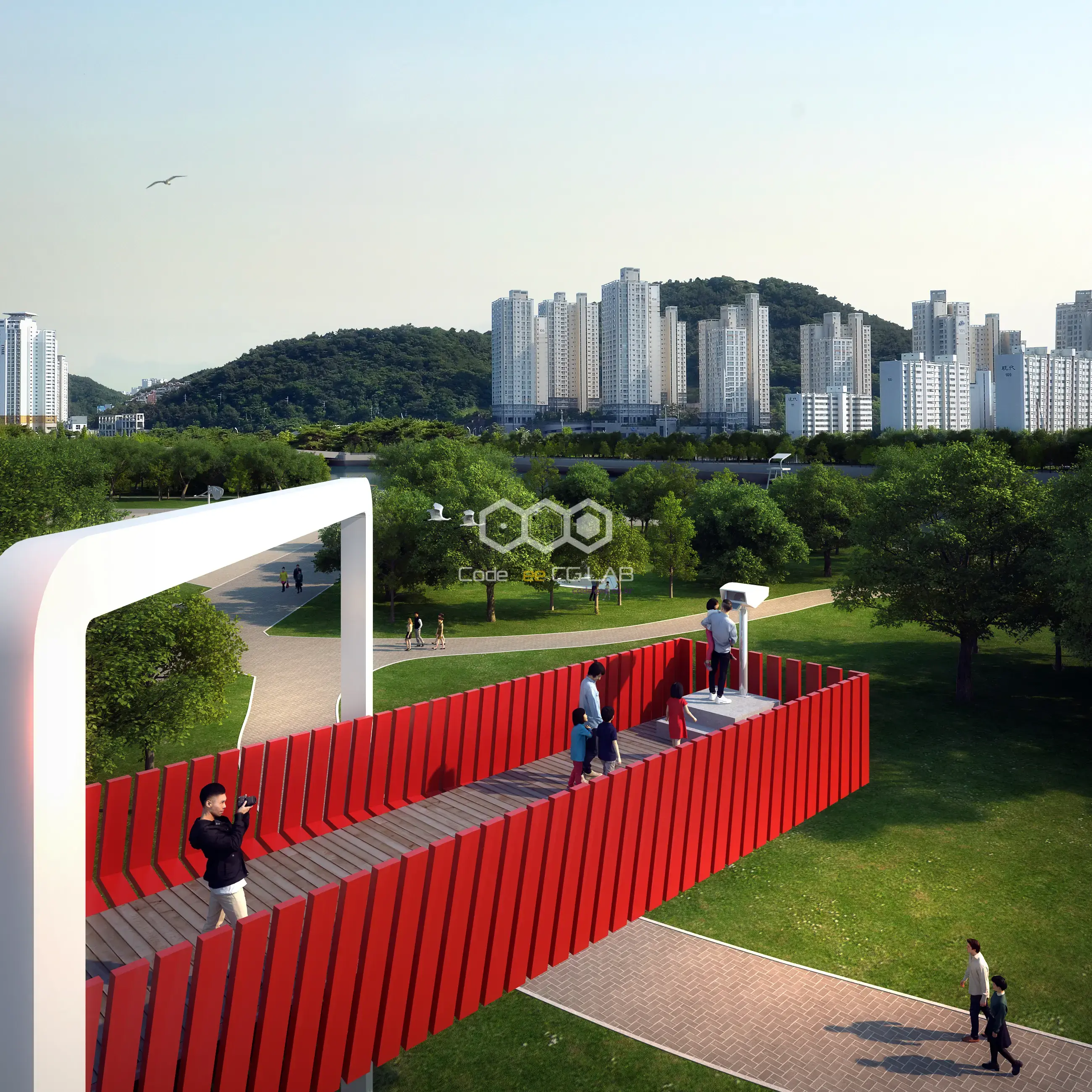 랜드마크 보행 프레임과 영화의전당 외부 광장을 표현한 3D 시각화