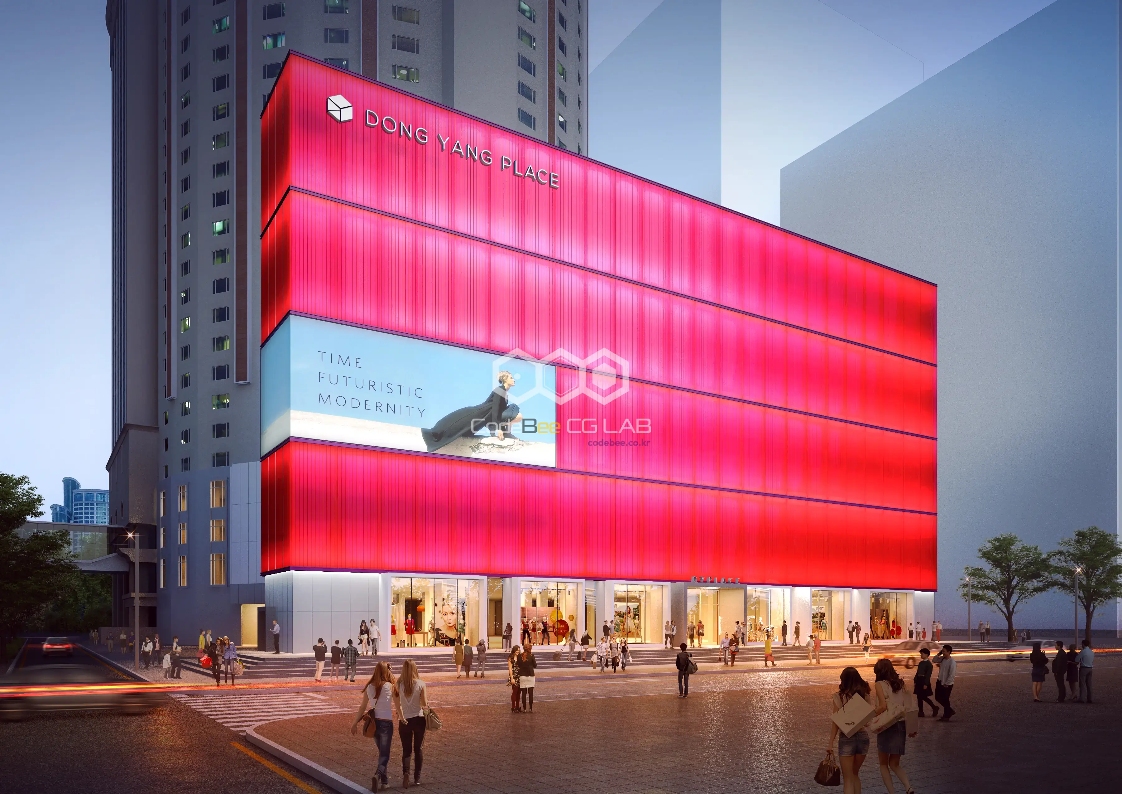 레드 컬러 파사드 조명이 적용된 중국 DY PLACE 야간 외관 투시도