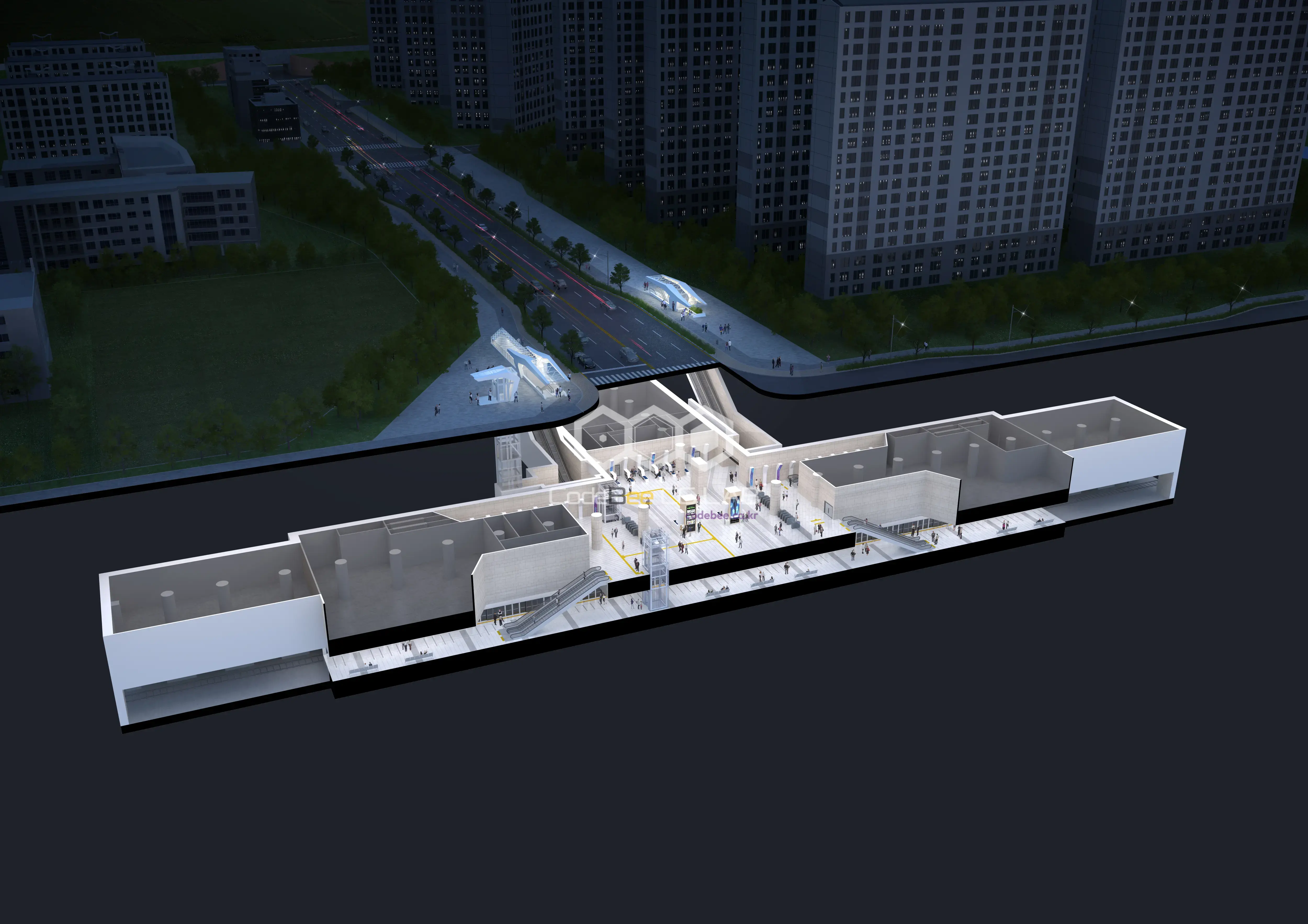 지상 출입구와 지하 대합실 구조를 함께 보여주는 시흥시청역 단면형 3D 투시도