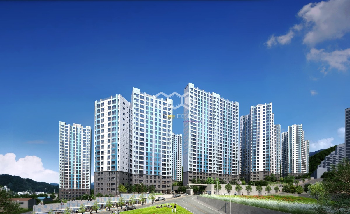 양산 어곡동 공동주택 단지 전경을 표현한 건축 3D 조감도 시각화.