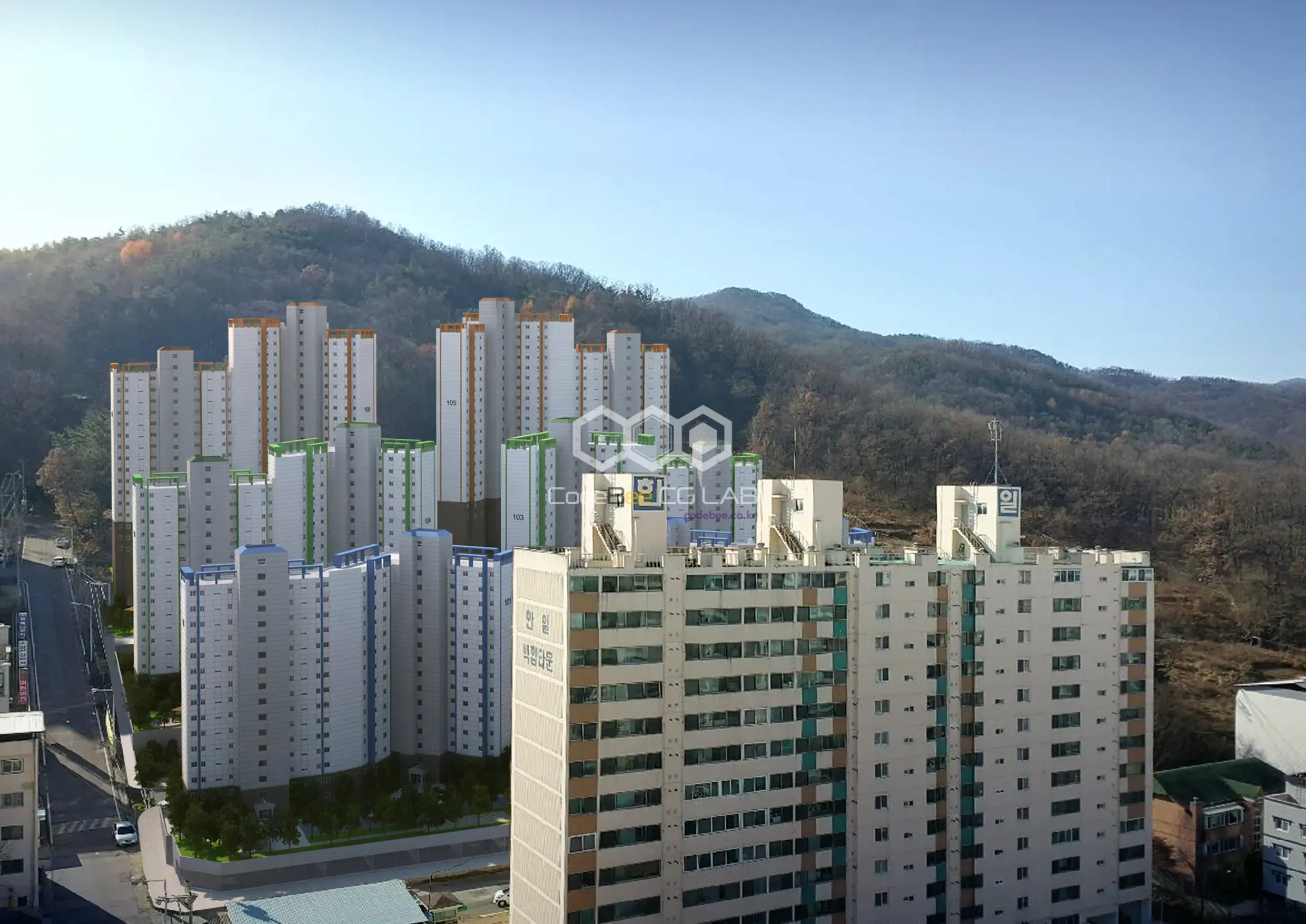 실제 주변 주거지 전경과 공동주택 계획안을 합성한 경관 시뮬레이션 이미지