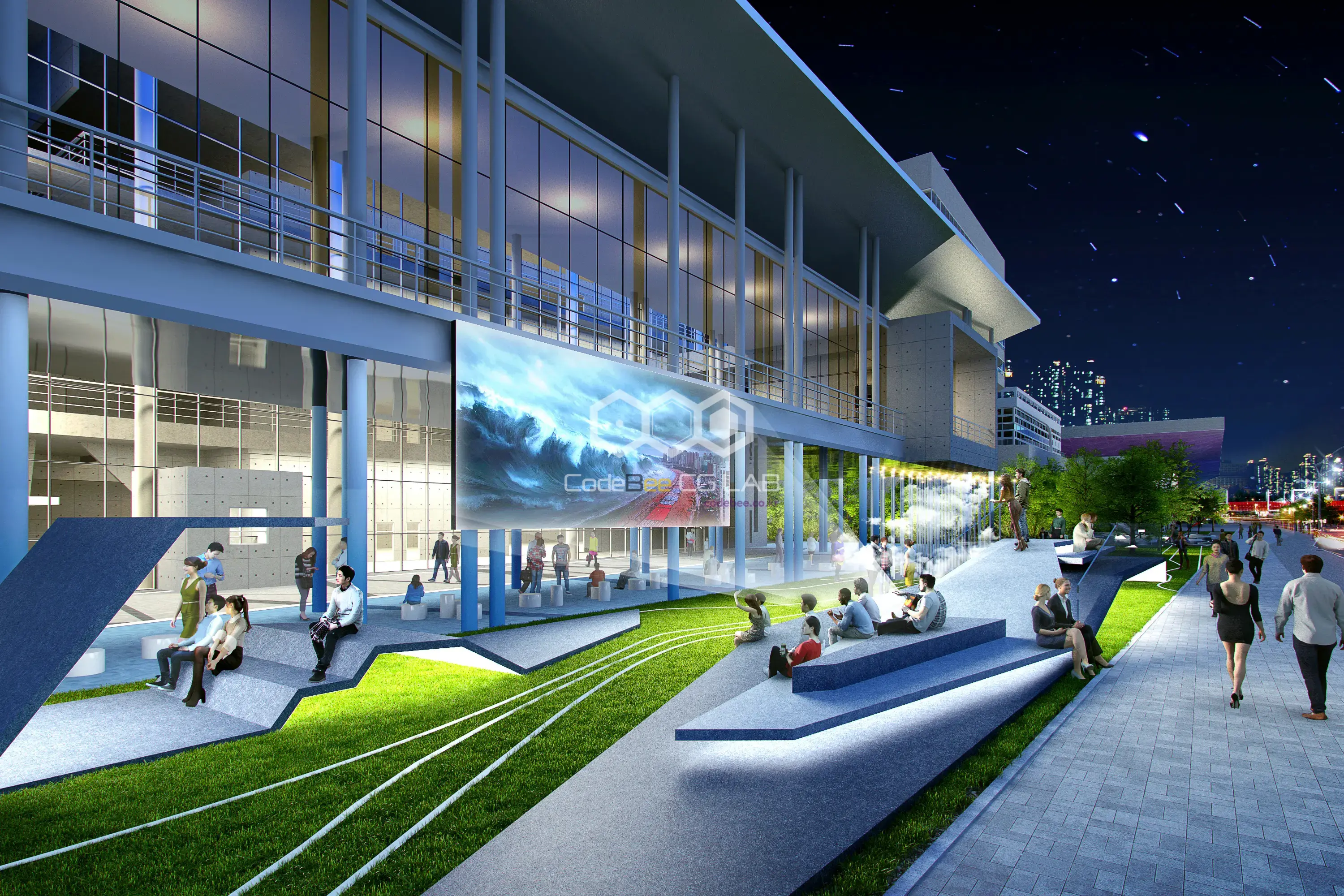 영화의전당 야외 미디어 상영 공간과 휴게 테라스를 표현한 야경